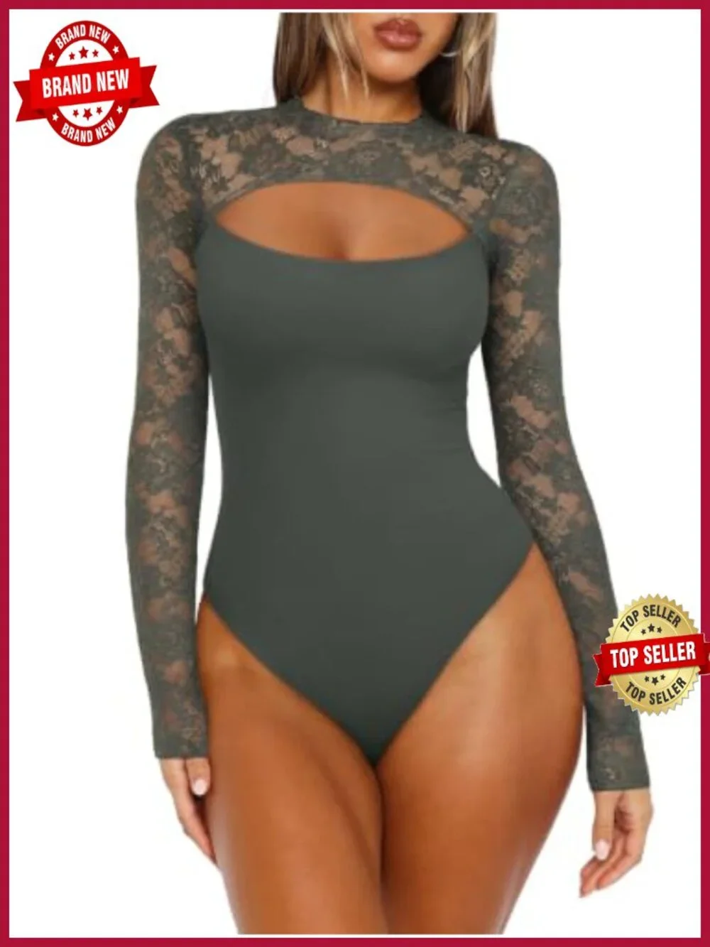 Women's Lace Cutout Bodysuit Long Sleeve Mock Neck Sexy Thong Snap Crotch